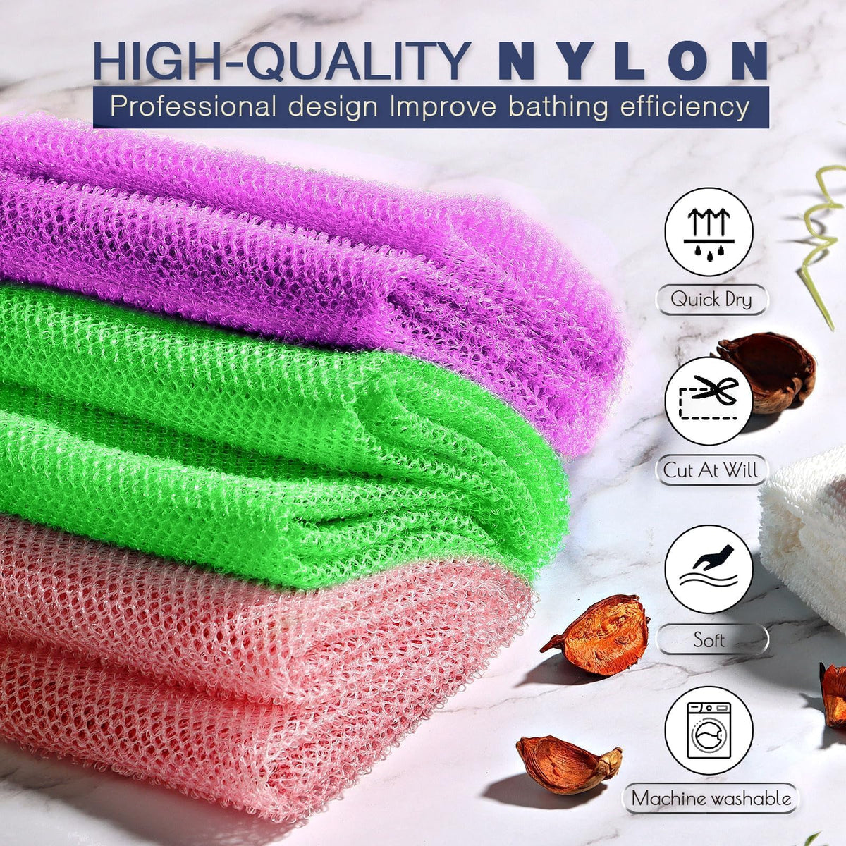 UJFQBH African Bath Sponge set displayed on a bathroom shelf