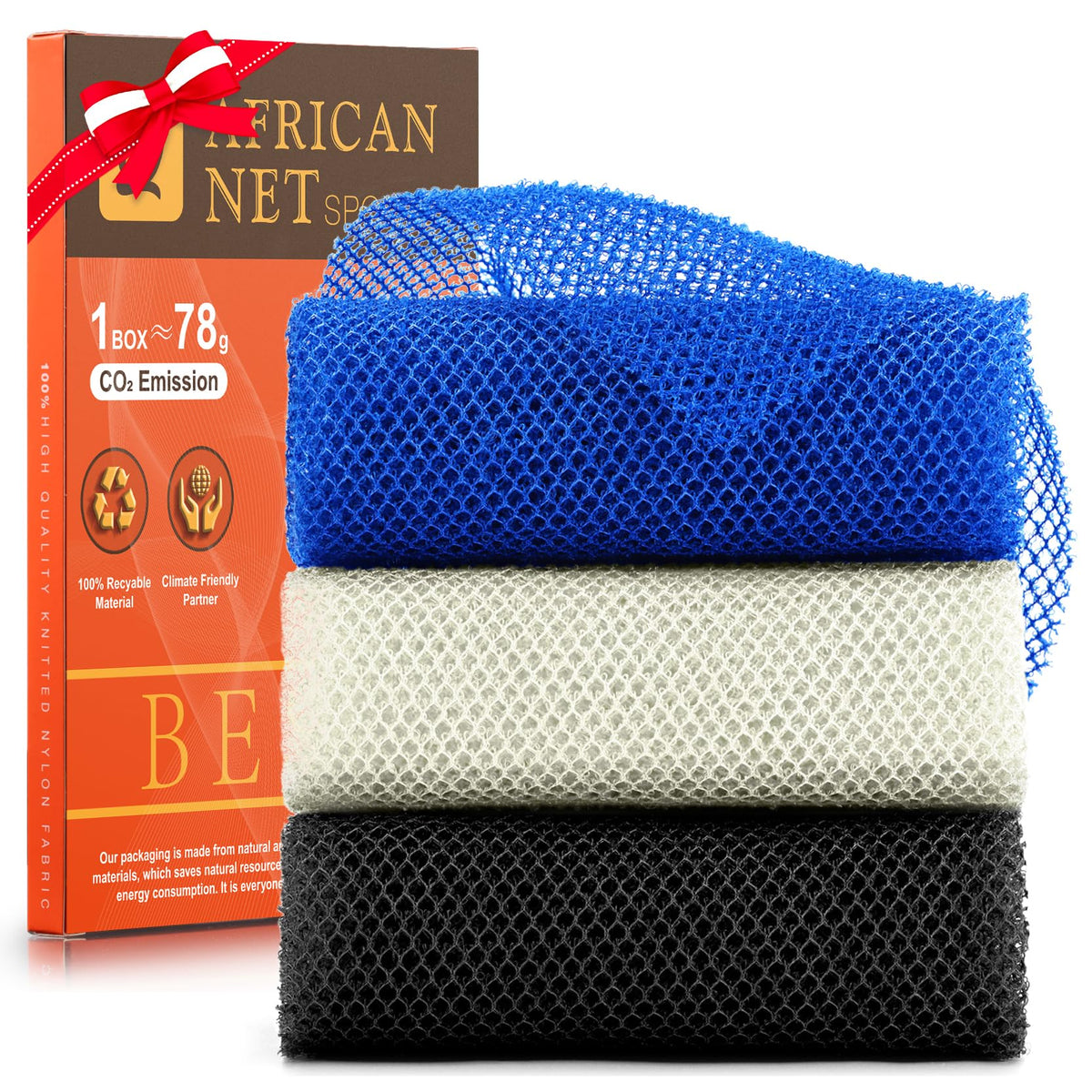UJFQBH African Bath Sponge Set in blue, black, and off-white colours