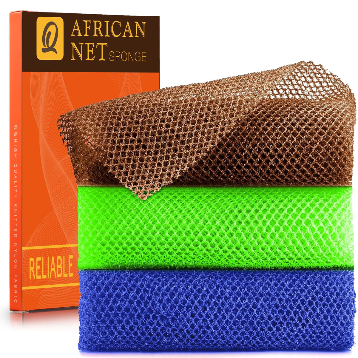UJFQBH African Bath Sponge Set in brown, blue, and green