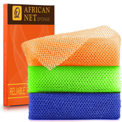 UJFQBH African Bath Sponge Set in orange, blue, and green
