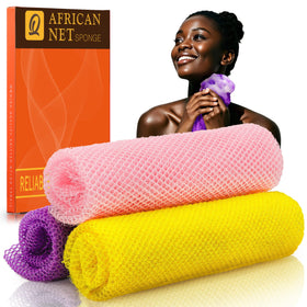UJFQBH African Bath Sponge Set in pink, yellow, and purple colours