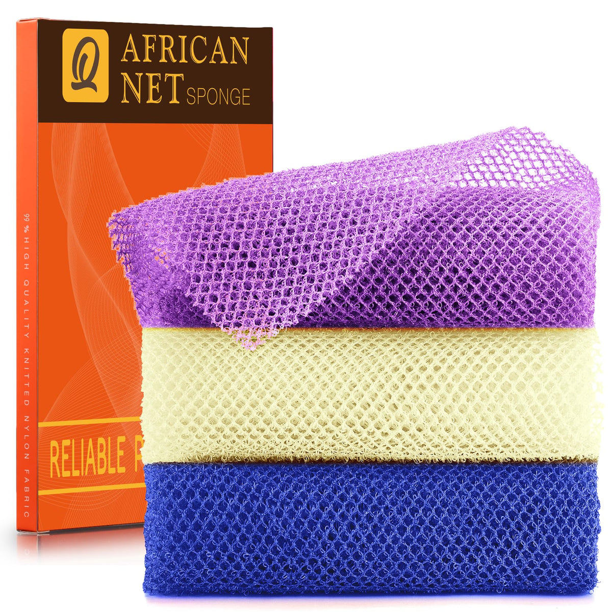 UJFQBH African Bath Sponge Set in purple, blue, and off-white