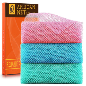 UJFQBH African Exfoliating Net Bath Sponge Set in pink, blue, and green