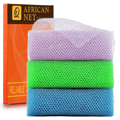 UJFQBH African Exfoliating Net Bath Sponge Set in purple, blue, and green