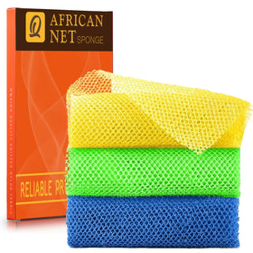 UJFQBH African exfoliating net bath sponge set in yellow, green, and blue