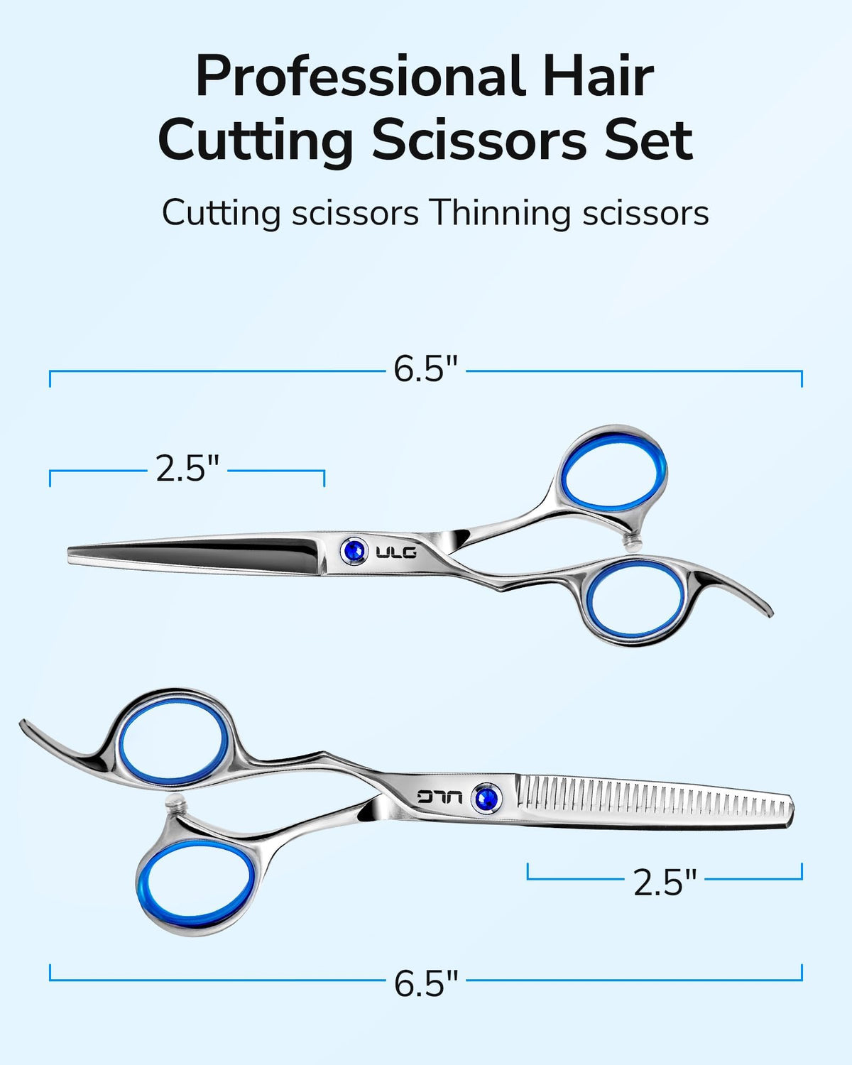 ULG hair cutting scissors displayed with blue sapphire detail