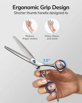 ULG Hair Thinning Scissors showing ergonomic offset grip