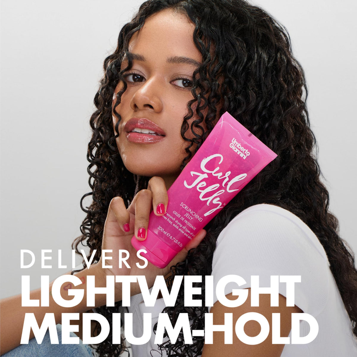 Umberto Giannini Curl Jelly on a bathroom shelf
