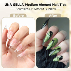 UNA GELLA almond nail tips arranged by size in packaging