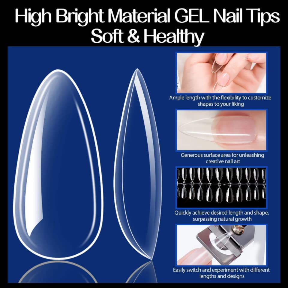 UNA GELLA almond nail tips displayed on a hand
