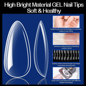 UNA GELLA almond nail tips displayed on a hand