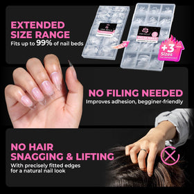 UNA GELLA Almond Nail Tips displayed with nail art accessories