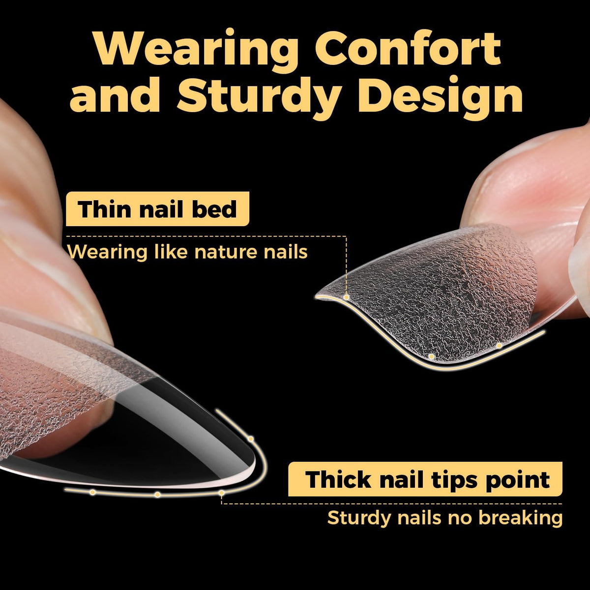 UNA GELLA almond nail tips showing clear material