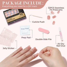 UNA GELLA Chrome Nude Press On Nails application tools including nail glue and file