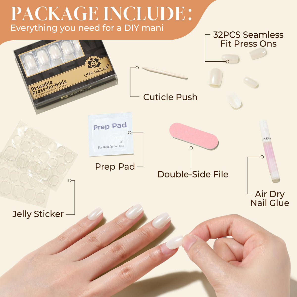 UNA GELLA Chrome White Soft Gel Press On Nails in storage box