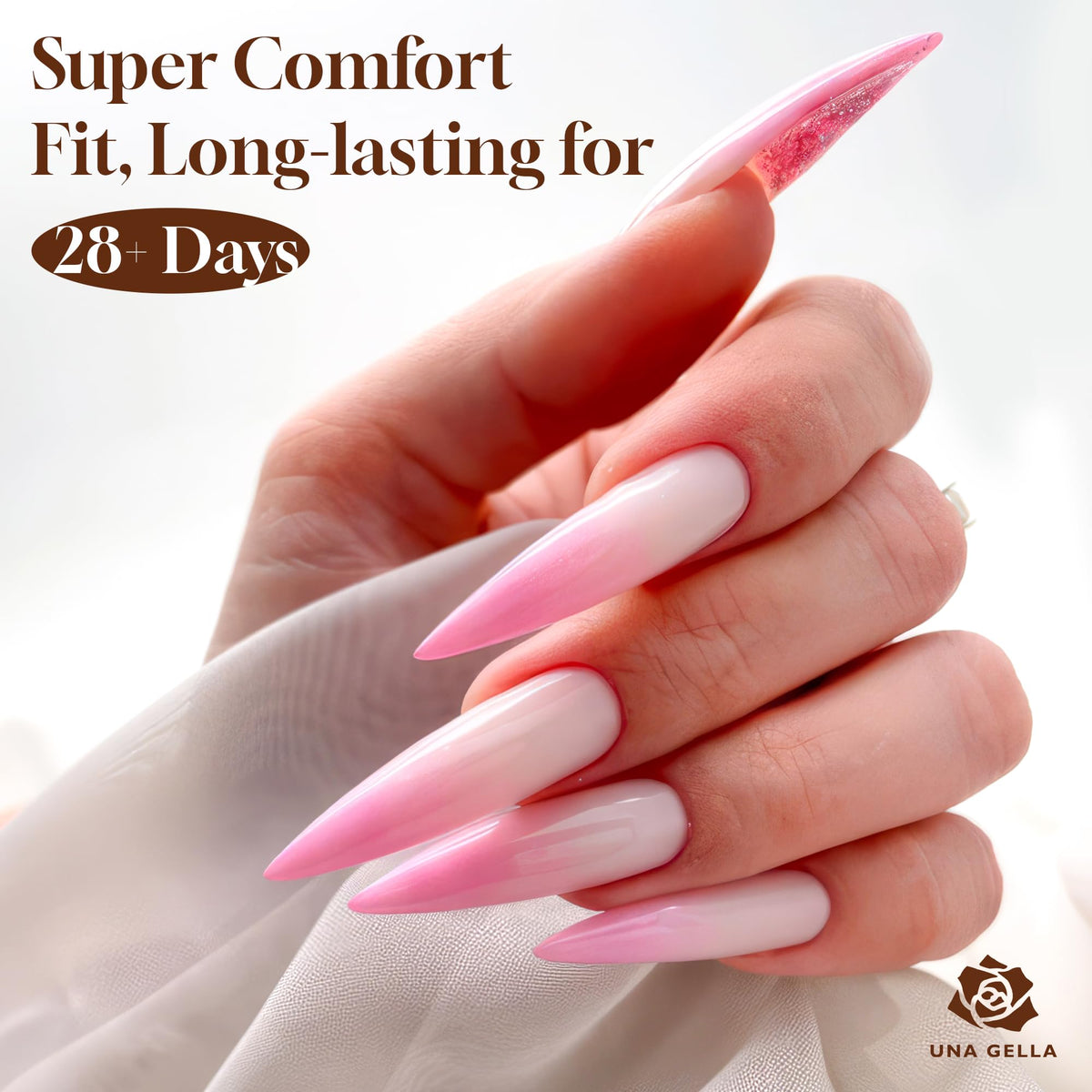 UNA GELLA Clear Stiletto Gel Nail Tips in a tidy storage box