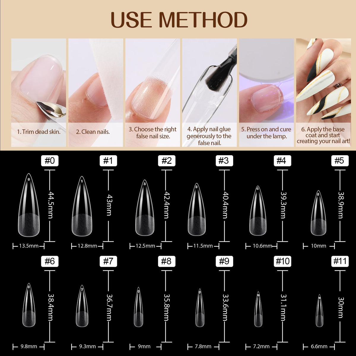UNA GELLA Clear Stiletto Gel Nail Tips with nail art tools