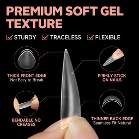 UNA GELLA Clear Stiletto Nail Tips displayed with nail polish