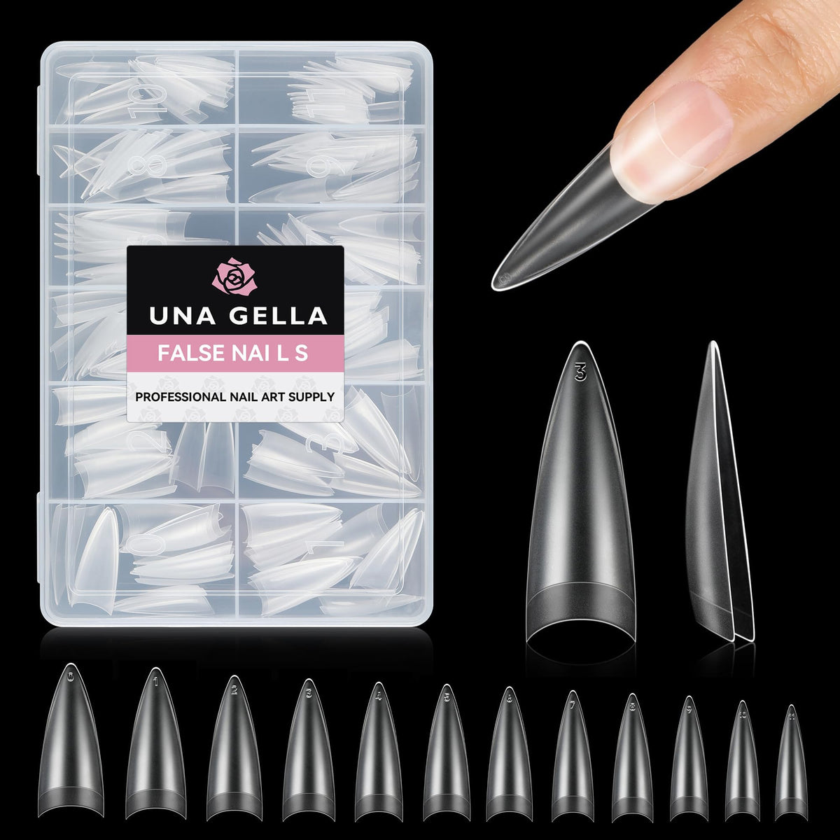 UNA GELLA Clear Stiletto Nail Tips front view with packaging