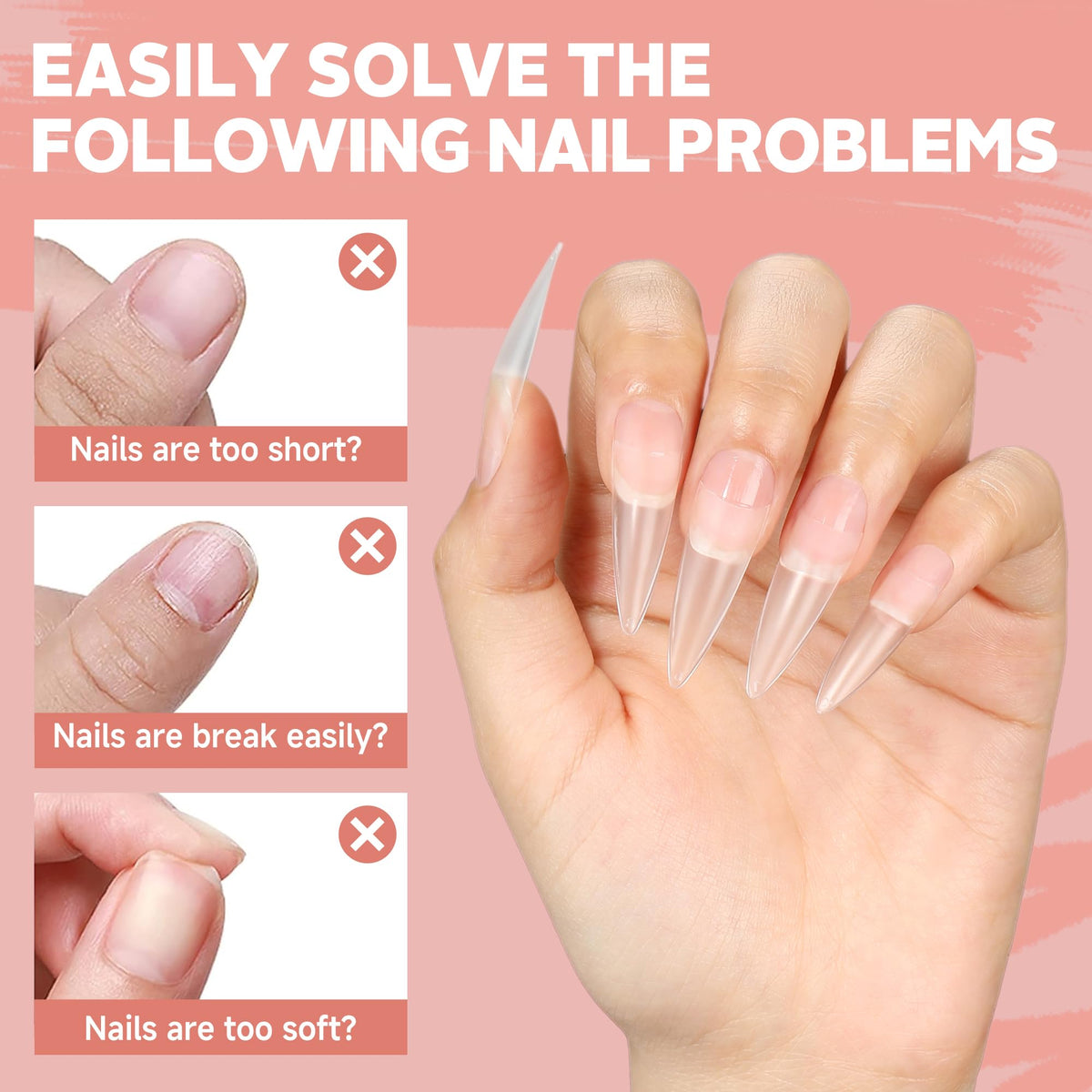 UNA GELLA Clear Stiletto Nail Tips in use on manicured nails