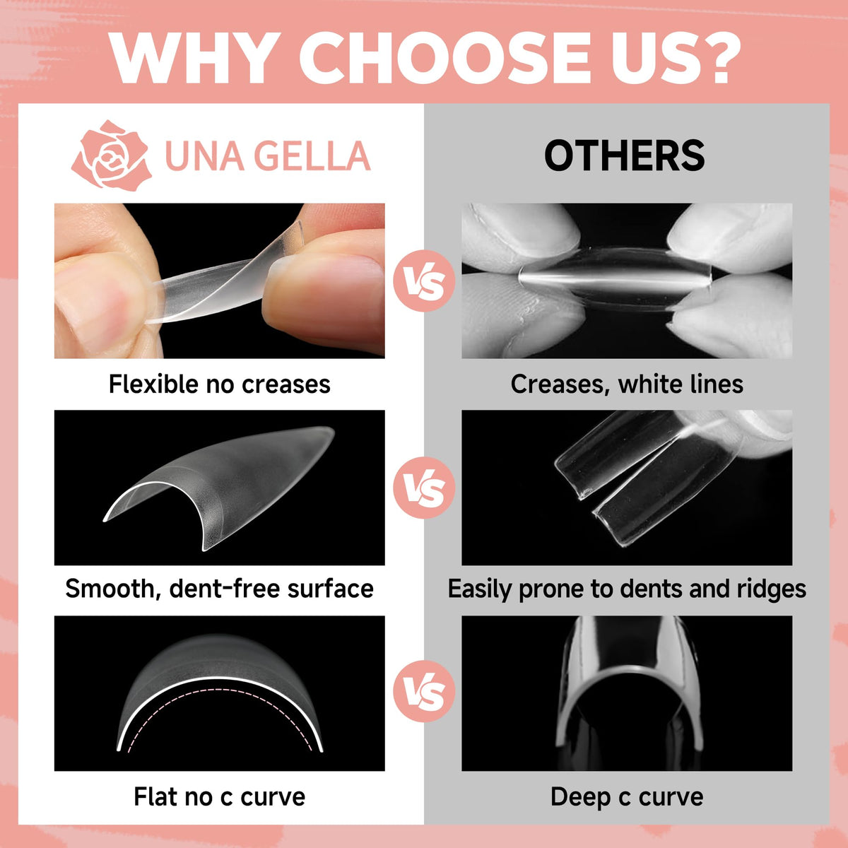 UNA GELLA Clear Stiletto Nail Tips showing half cover design