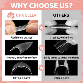 UNA GELLA Clear Stiletto Nail Tips showing half cover design