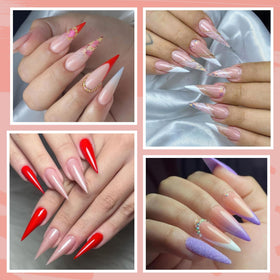 UNA GELLA Clear Stiletto Nail Tips showing various sizes