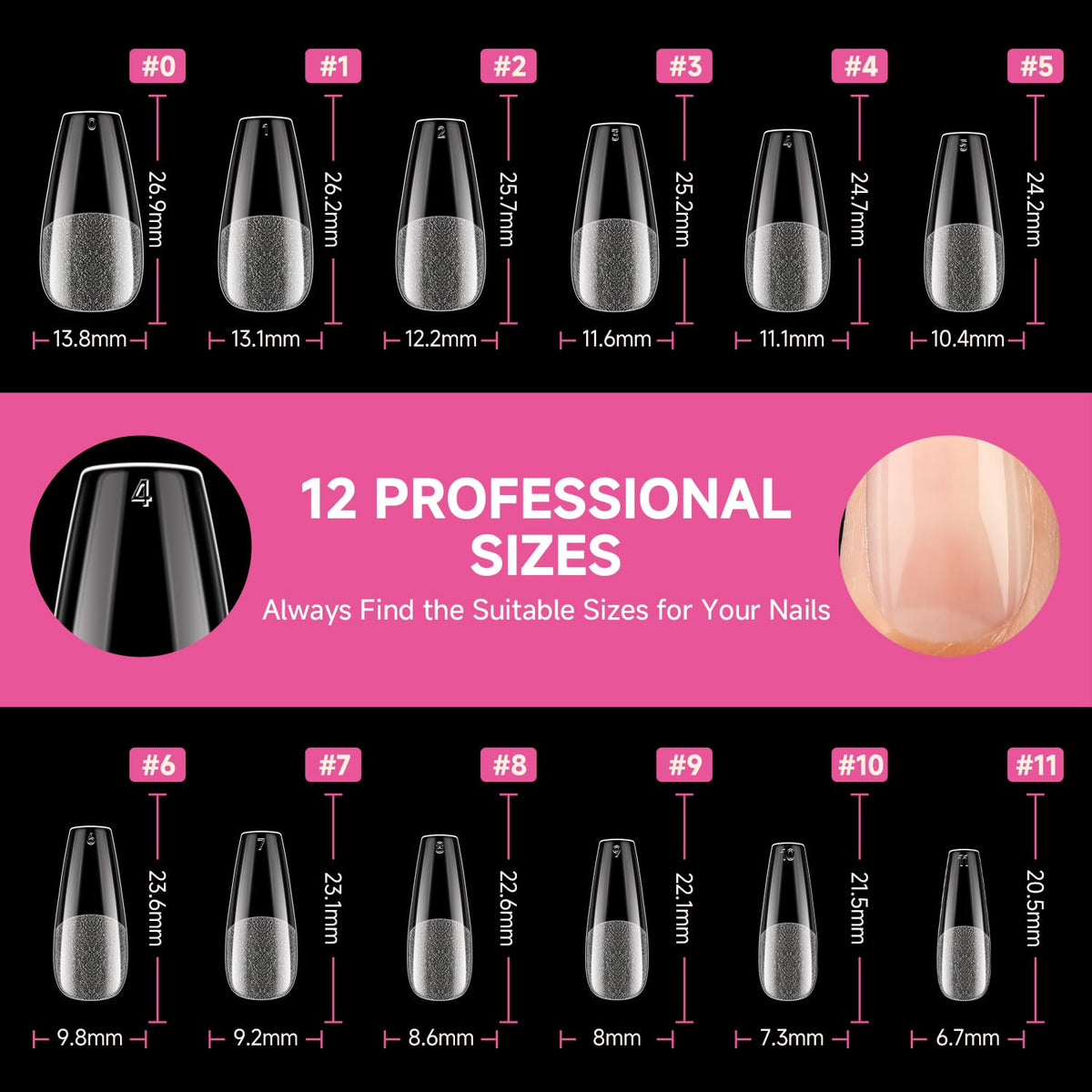 UNA GELLA coffin nail tips showing various shapes