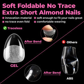 UNA GELLA extra short almond nail tips displayed on a table