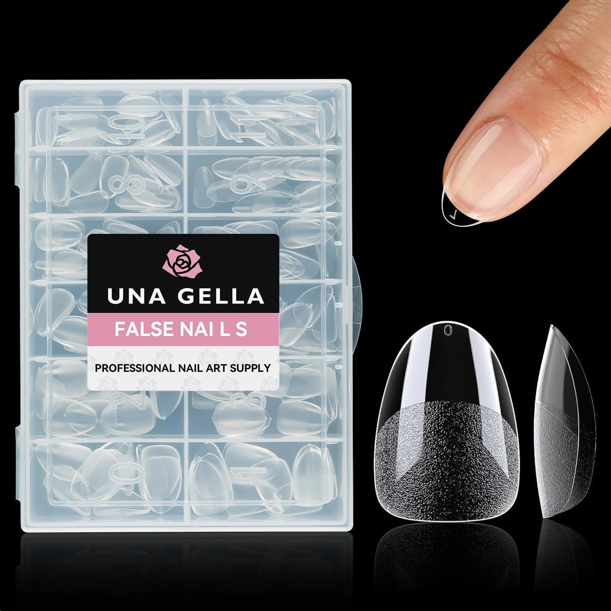 UNA GELLA Extra Short Almond Nail Tips displayed with accessories