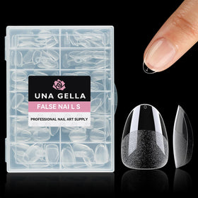 UNA GELLA Extra Short Almond Nail Tips displayed with accessories