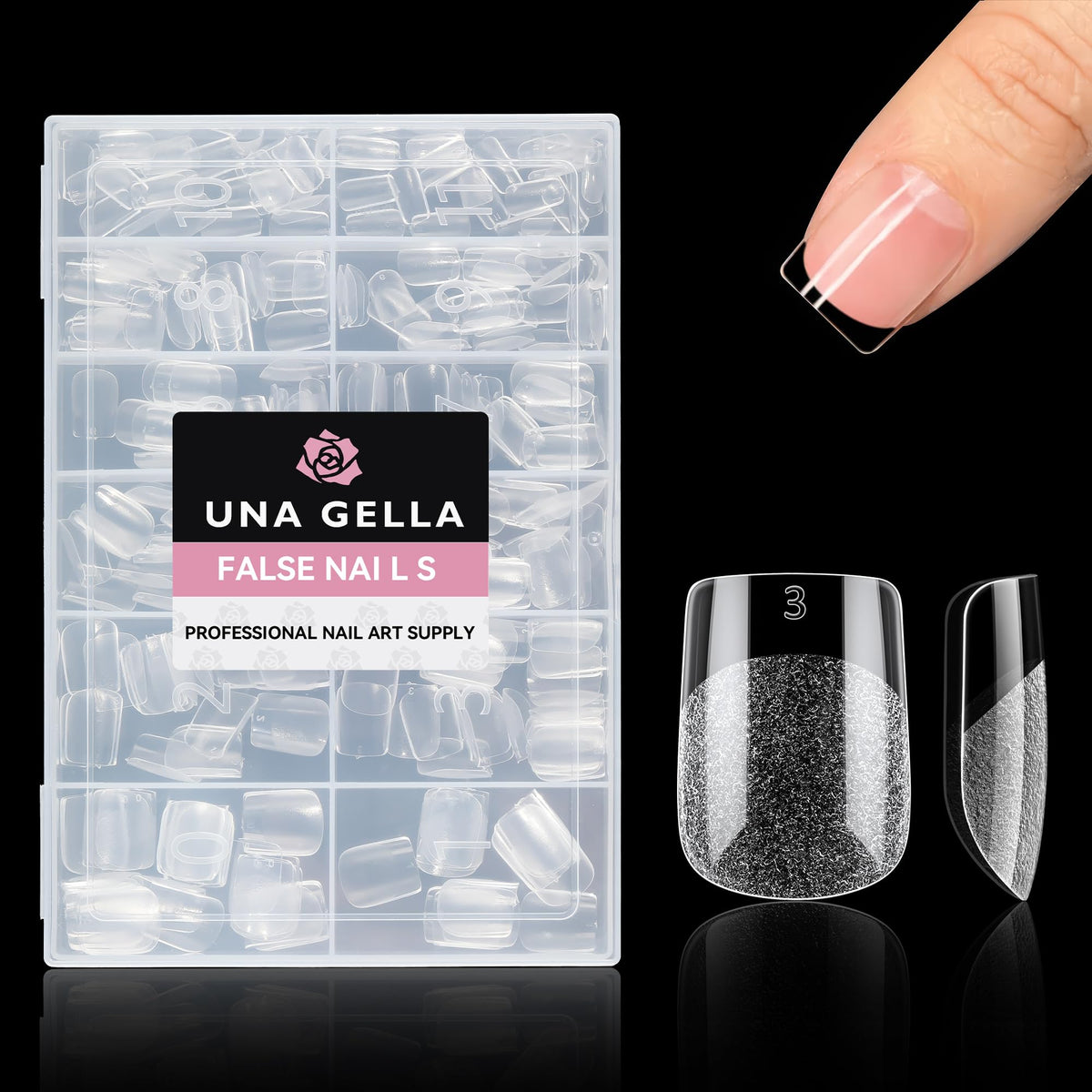UNA GELLA Extra Short Square Nail Tips displayed on a nail table