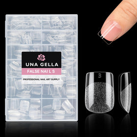UNA GELLA Extra Short Square Nail Tips displayed on a nail table