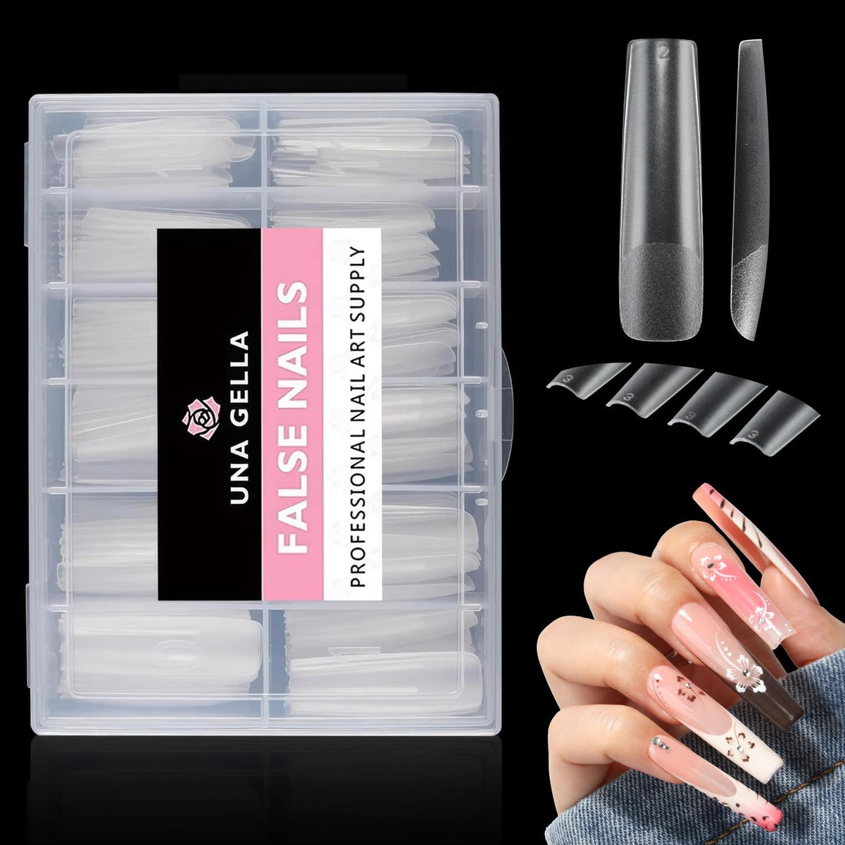 UNA GELLA Full Square Gel Fake Nails 120pcs clear tips front view