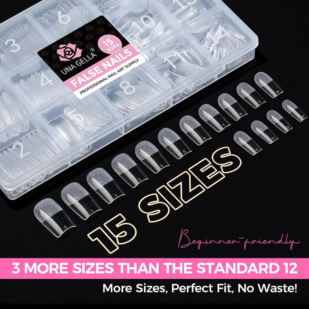UNA GELLA gel nail tips displayed on a nail art table