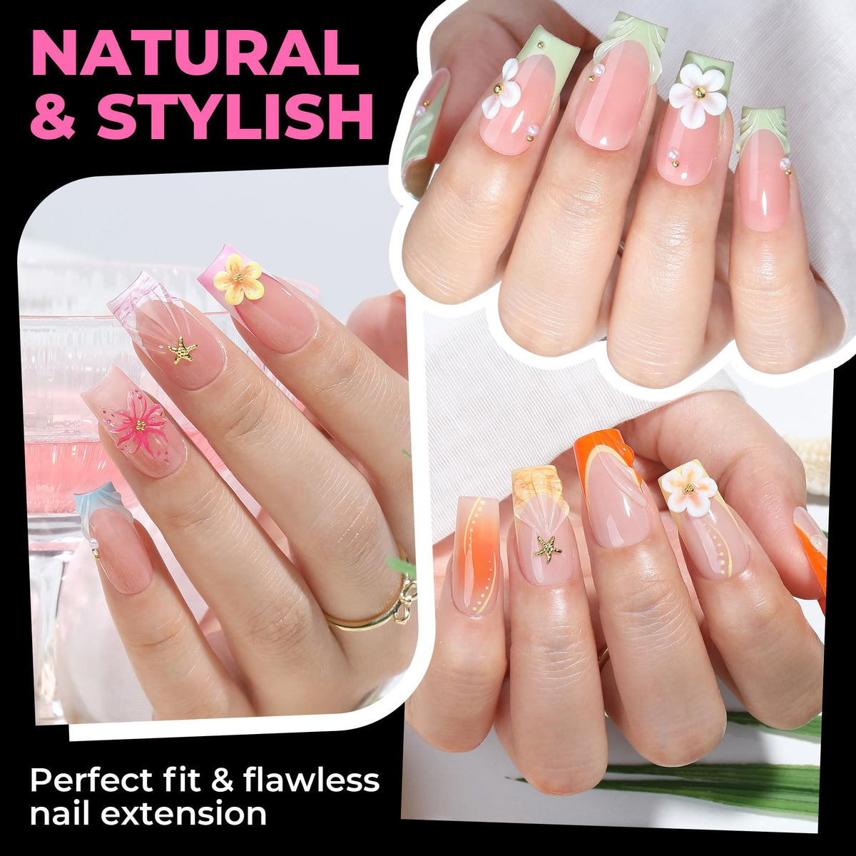 UNA GELLA gel nail tips showing clear cover and sizes