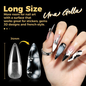UNA GELLA Long Stiletto Gel Nail Tips 600Pcs on a nail art table