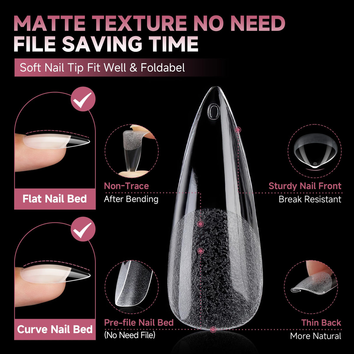 UNA GELLA Long Stiletto Nail Tips in various sizes displayed