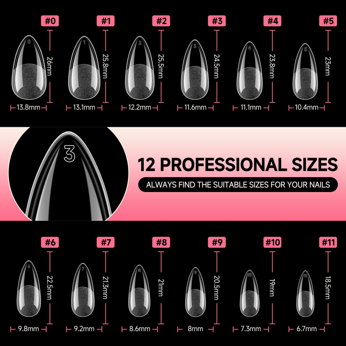 UNA GELLA Medium Almond Gel Nail Tips displayed with nail polish