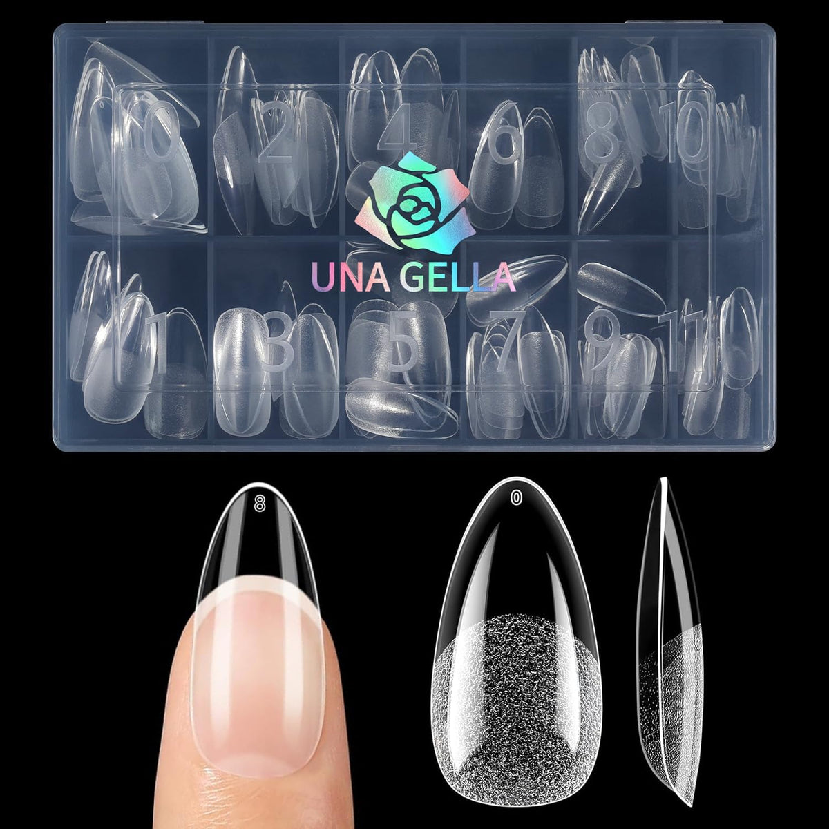 UNA GELLA Medium Almond Gel Nail Tips front view with packaging