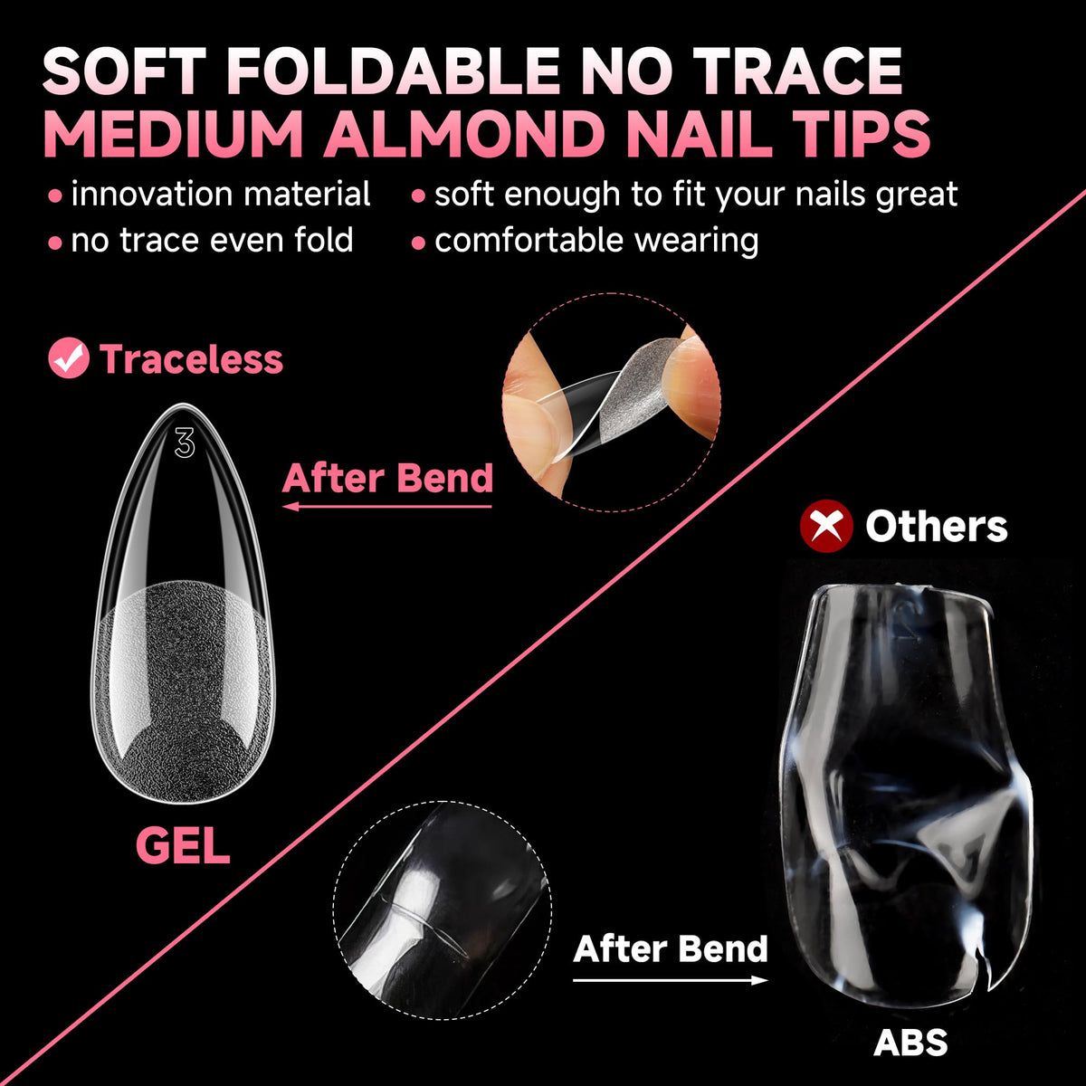 UNA GELLA Medium Almond Gel Nail Tips in use on manicured nails