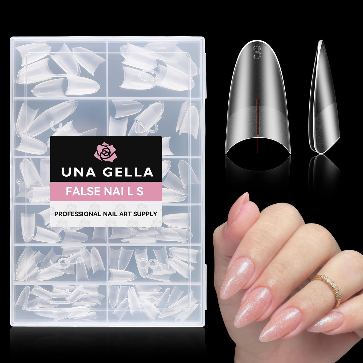 UNA GELLA Medium Almond Gel Nail Tips showing position line design