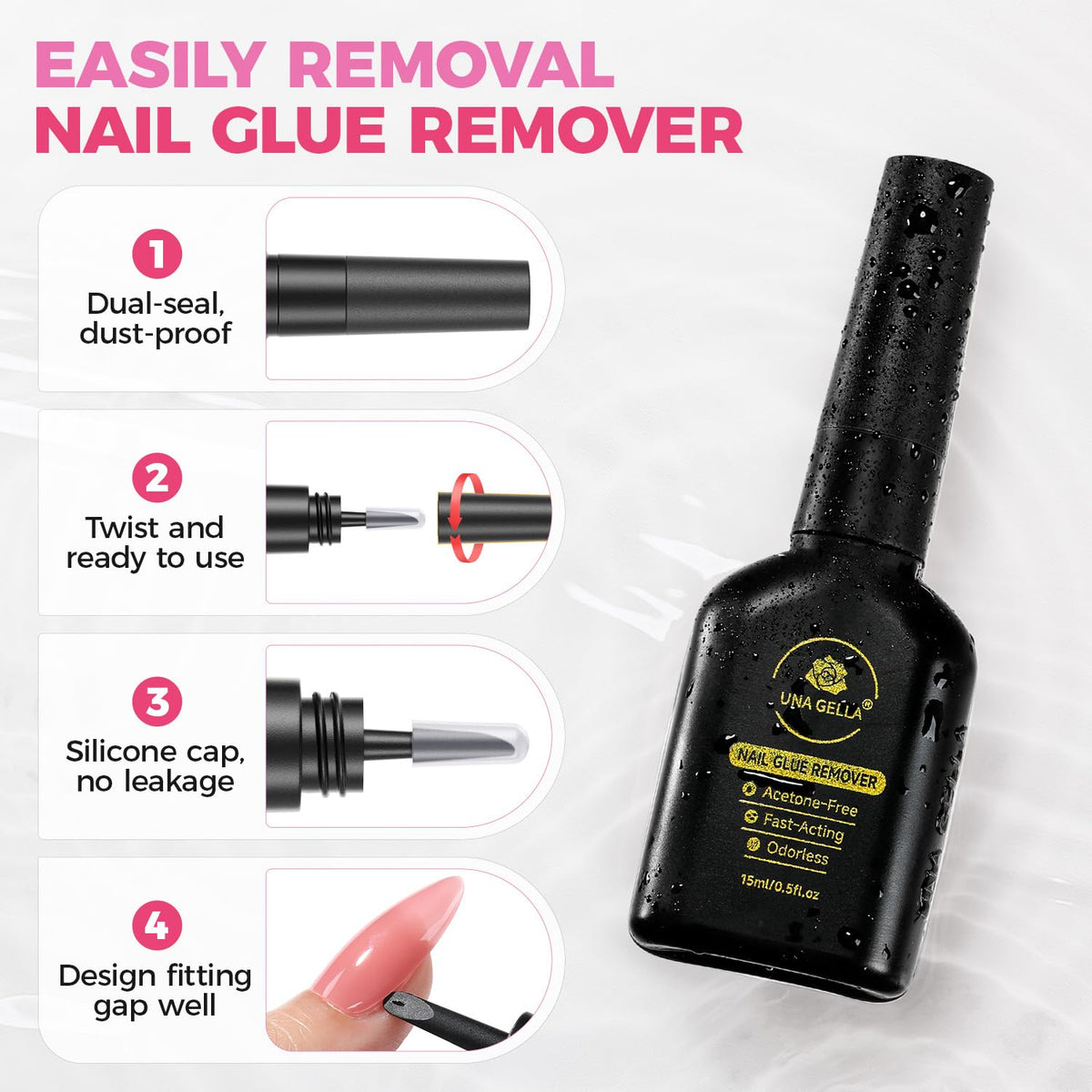UNA GELLA Nail Glue Remover 15ml opened cap showing applicator