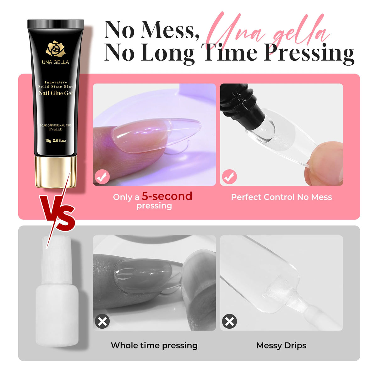 UNA GELLA Nail Glue showing crystal-clear finish
