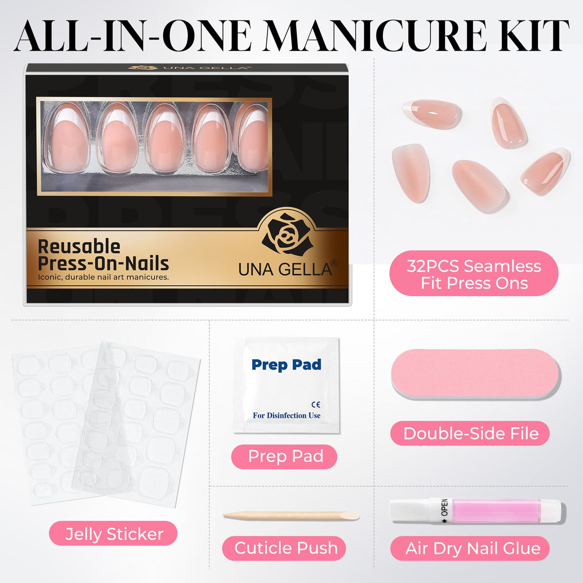 UNA GELLA press on nails with included nail glue and accessories