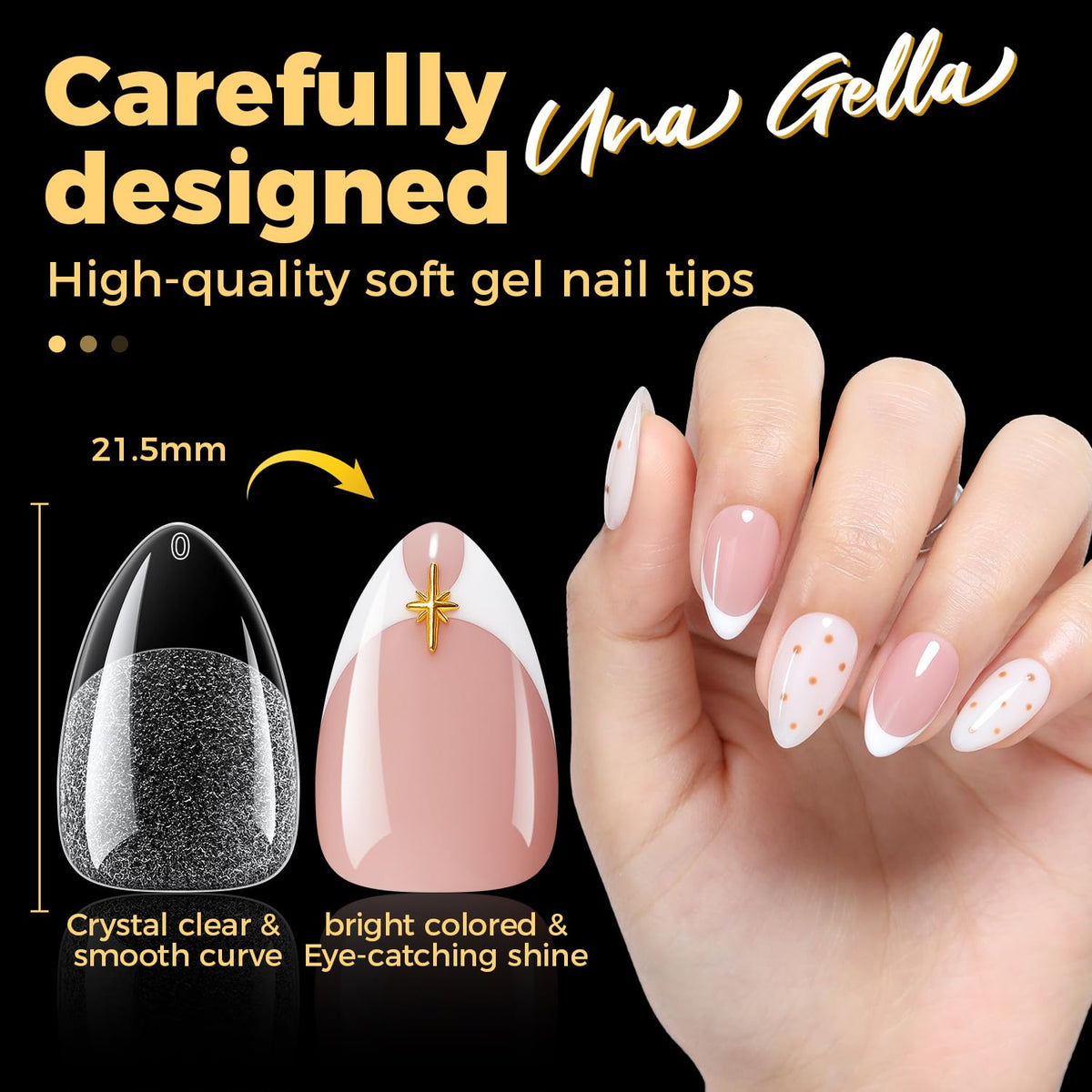 UNA GELLA Short Almond Gel Nail Tips with nail polish