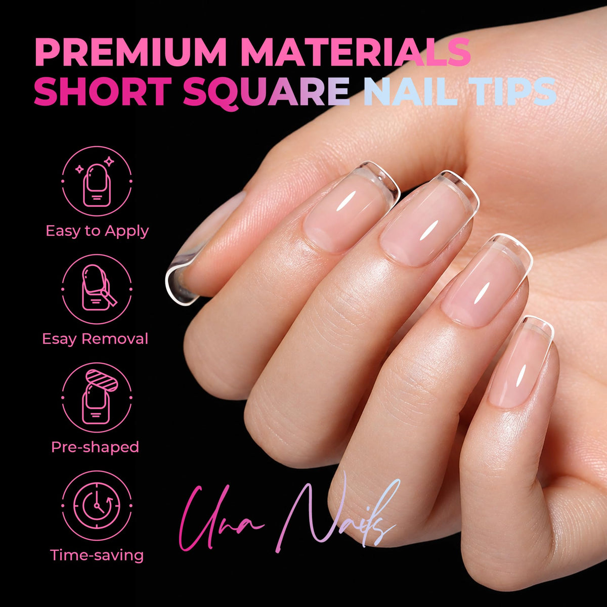UNA GELLA Short Square Nail Tips displayed with nail glue