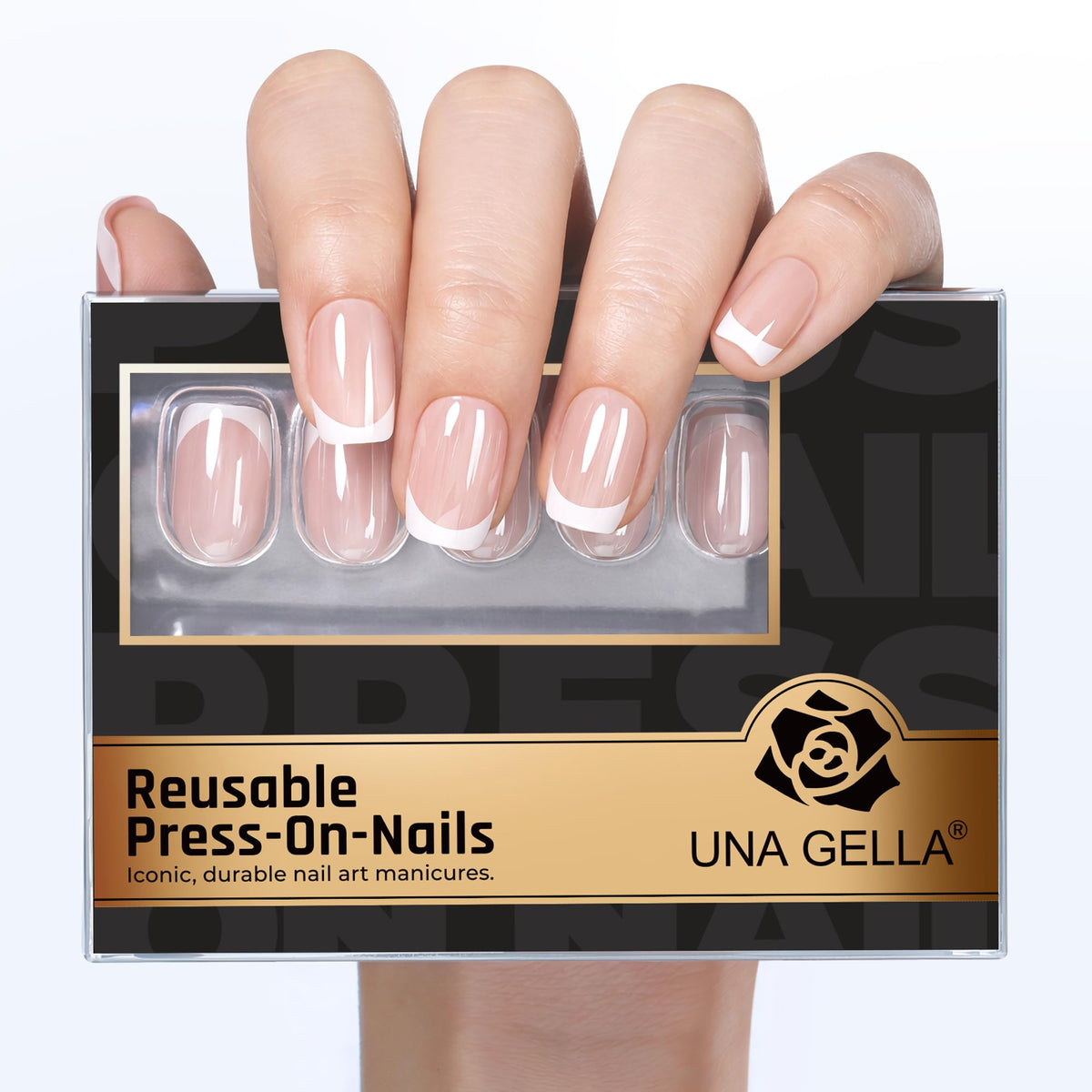 UNA GELLA Soft Gel Press on Nails showing silver mirror French tips