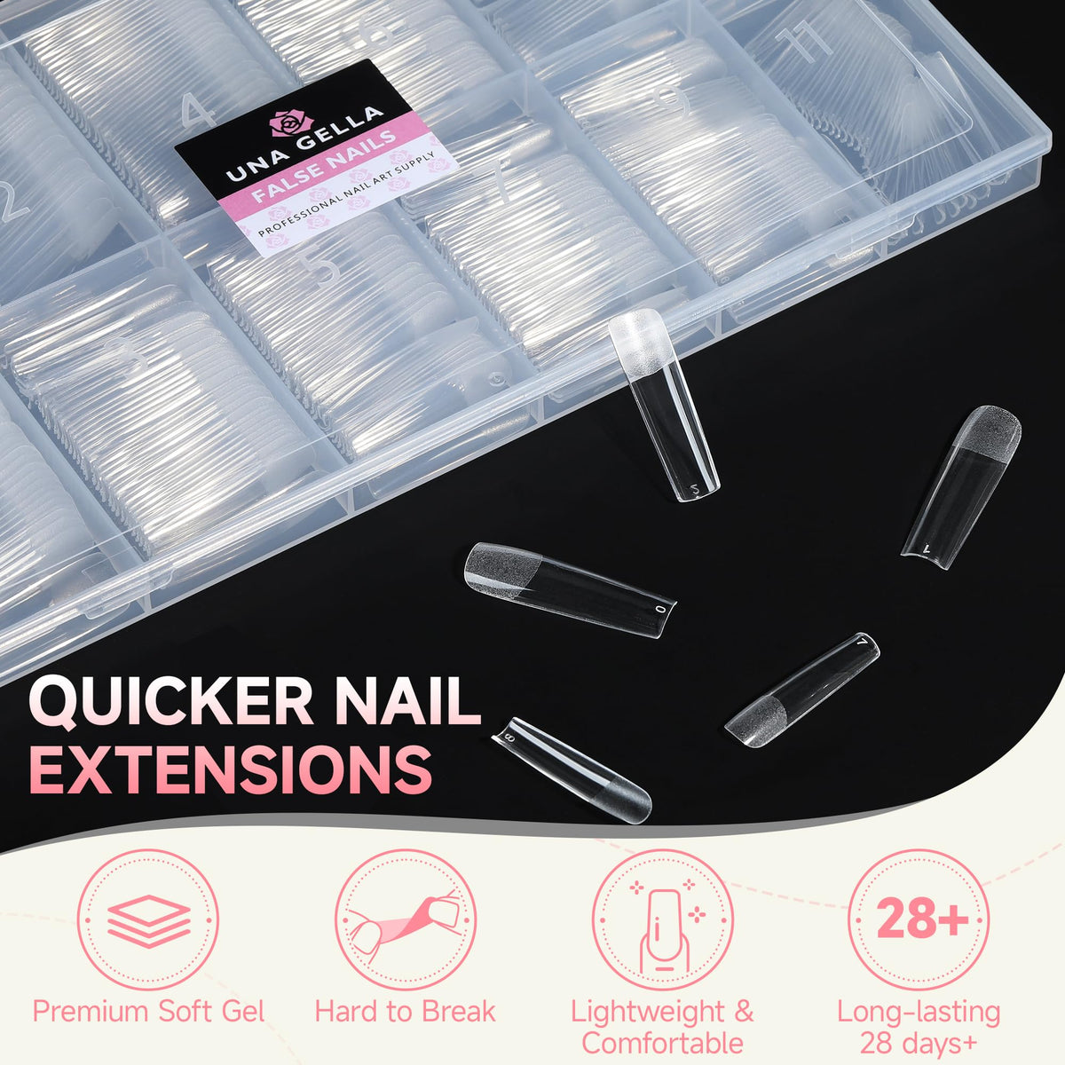 UNA GELLA Square Nail Tips displayed with nail art accessories