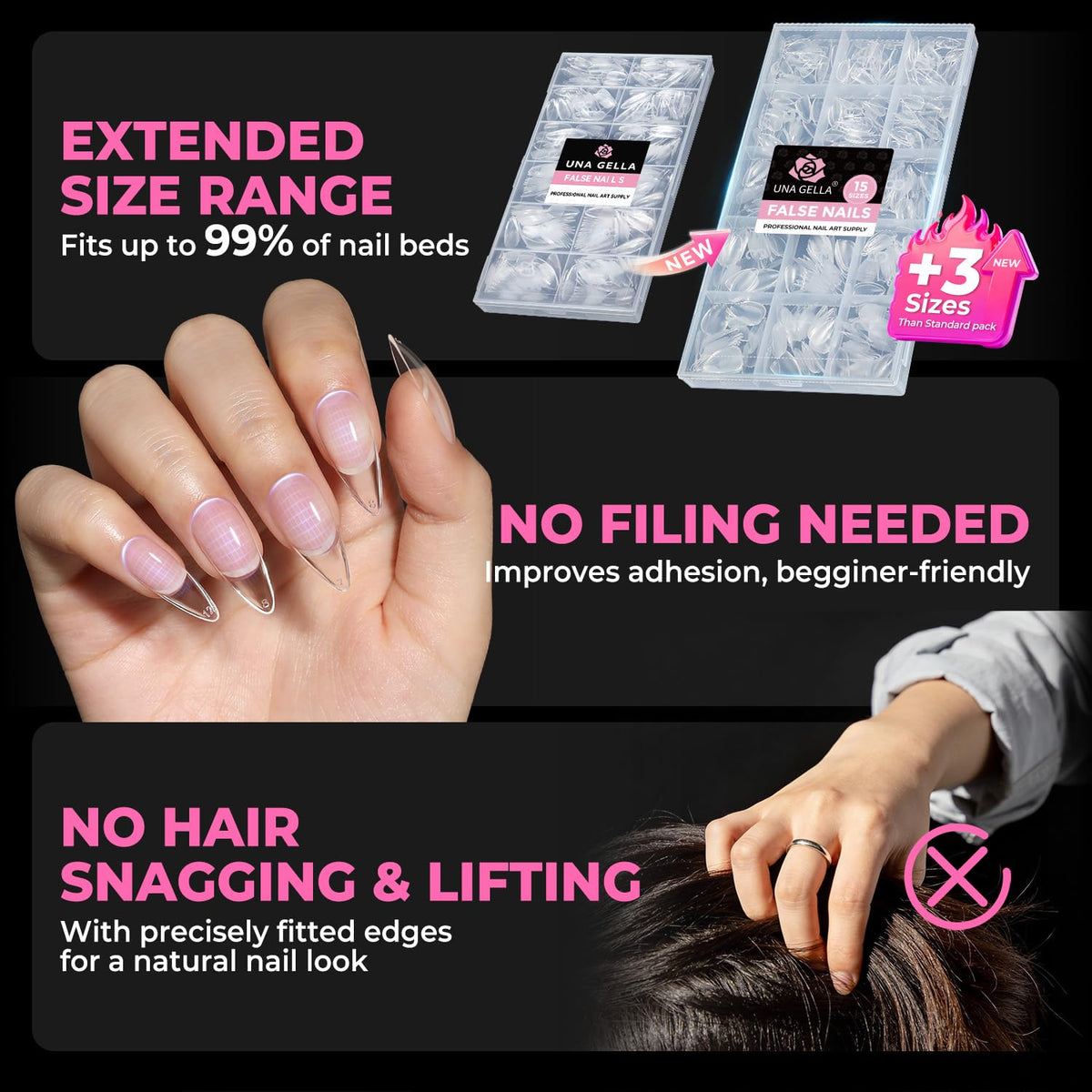 UNA GELLA Stiletto Gel Nail Tips displayed on a nail art table